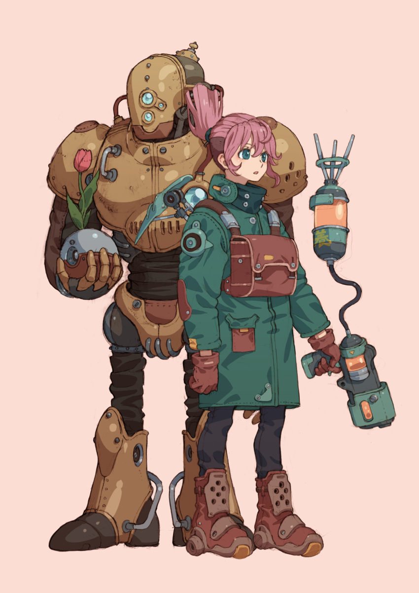1girl 1other aqua_coat aqua_eyes black_pants boots brown_background brown_bag brown_footwear brown_gloves coat commentary_request flower full_body gloves gun highres holding holding_gun holding_weapon humanoid_robot long_sleeves looking_ahead open_mouth original pants pickaxe pink_hair ponytail red_eyes red_flower red_tulip robot simple_background standing tanuki_koubou tulip weapon
