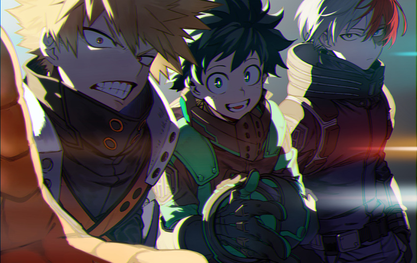 3boys :| adjusting_clothes annoyed arms_at_sides badge bakugou_katsuki belt black_belt black_bodysuit black_gloves black_pants blonde_hair blue_eyes blurry bodysuit boku_no_hero_academia bright_pupils burn_scar chromatic_aberration clenched_teeth closed_mouth commentary_request depth_of_field expressionless floating_hair freckles from_side furrowed_brow gloves green_eyes green_gloves green_hair grey_background grey_eyes hair_between_eyes hand_up happy heterochromia high_collar hood hood_down light looking_at_viewer looking_to_the_side male_focus matsuya_(pile) midoriya_izuku multicolored_hair multiple_boys official_alternate_costume open_mouth orange_gloves outstretched_arm outstretched_hand pants partial_commentary reaching reaching_towards_viewer red_eyes redhead sanpaku scar scar_on_face short_hair sidelighting sideways_glance smile spiky_hair split-color_hair teeth todoroki_shouto tsurime two-tone_hair uneven_eyes upper_body utility_belt v-shaped_eyebrows white_hair white_pupils