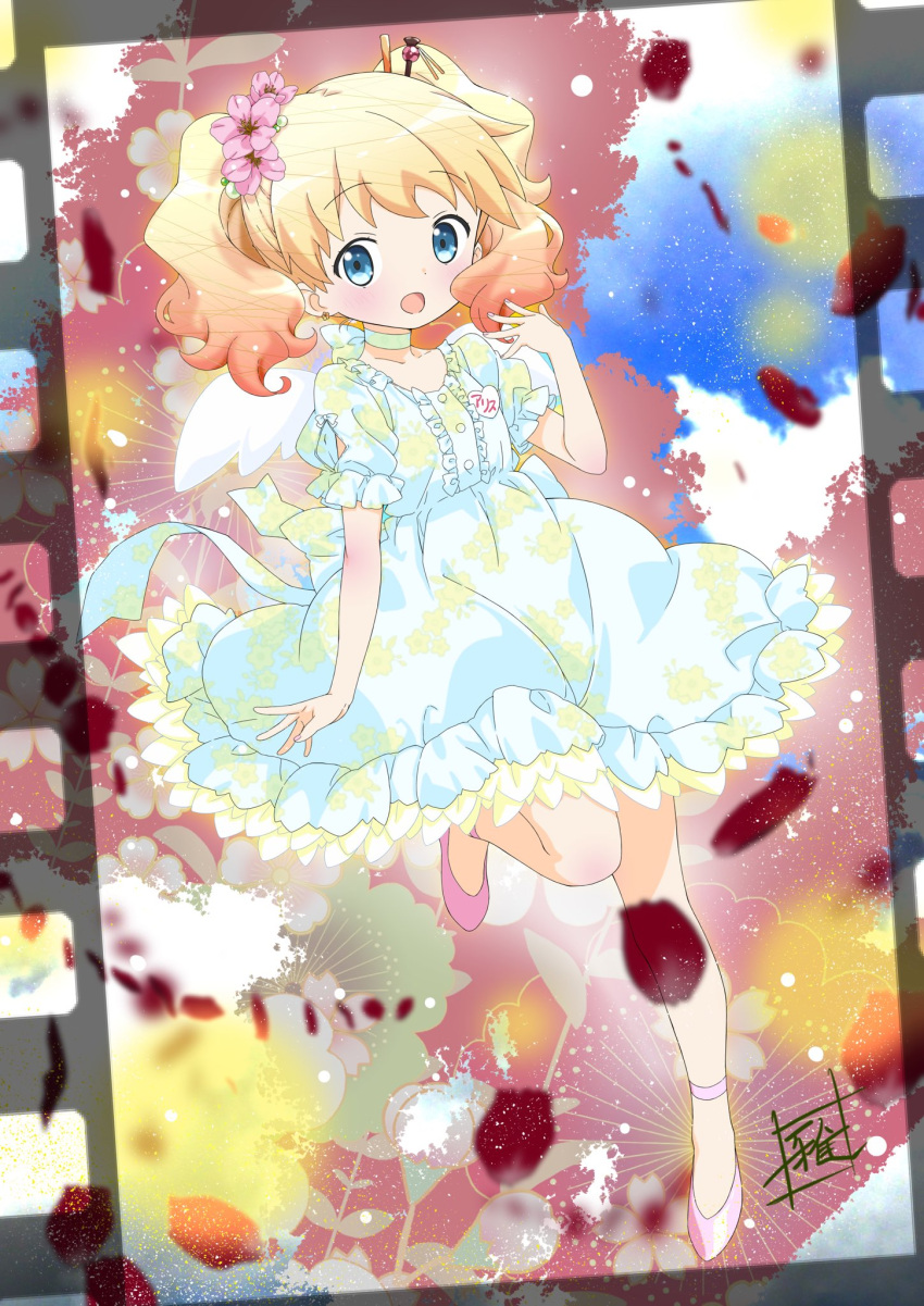 1girl :d abstract_background alice_cartelet artist_name ballet_slippers bare_legs blonde_hair blue_eyes bow bowtie bridal_garter choker chopsticks dress earrings falling_petals film_reel floral_background floral_print flower frilled_dress frills full_body hair_flower hair_ornament hand_up highres jewelry kin-iro_mosaic leg_up light_blush looking_at_viewer medium_hair multicolored_hair official_art open_mouth outstretched_arm ozeki_miyabi petals pink_footwear pink_hair short_twintails signature smile solo twintails wavy_hair white_bow white_bowtie white_choker white_dress yellow_bow yellow_bowtie yellow_choker yellow_dress