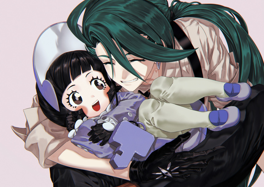 2girls baby black_gloves black_hair black_pants brown_eyes closed_eyes commentary earrings gloves green_hair grin highres holding_baby jewelry long_hair multiple_girls open_mouth pants pokemon pokemon_(game) pokemon_sv ponytail poppy_(pokemon) purple_footwear purple_shirt rika_(pokemon) shirt sitting smile very_long_hair zakki