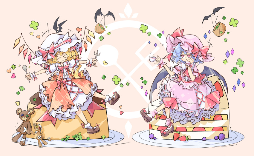 &gt;_&lt; 2girls bat_wings blonde_hair blue_hair blueberry bow cake chocolate_cake closed_mouth cup dress eating flandre_scarlet food fork frilled_dress frills fruit hand_on_own_cheek hand_on_own_face highres holding holding_cup holding_fork holding_spoon mini_person multiple_girls orange_background patch pink_dress pink_headwear plate primsla red_bow remilia_scarlet sitting spoon strawberry strawberry_shortcake stuffed_animal stuffed_toy teacup teddy_bear touhou white_headwear wings