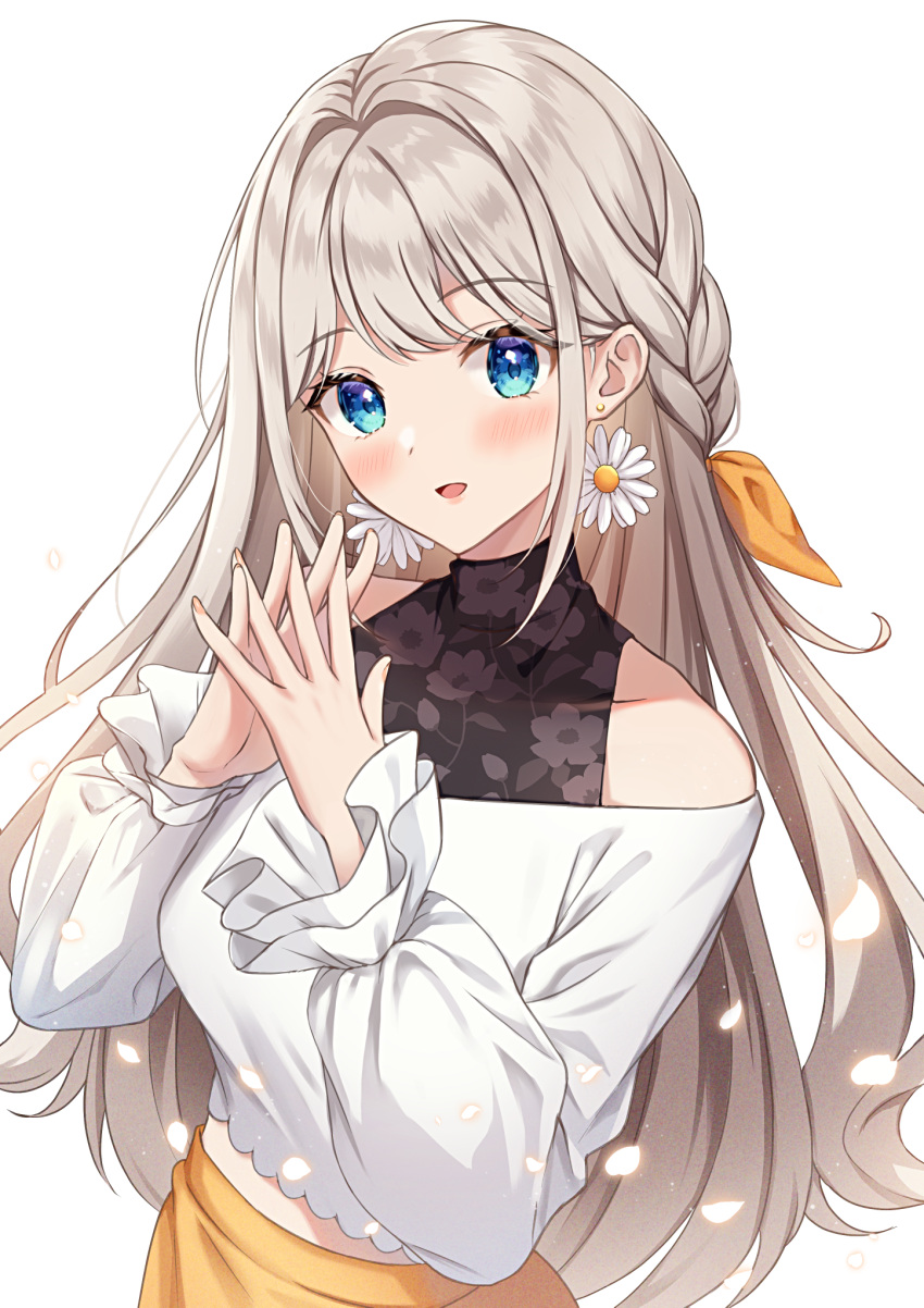 1girl blue_eyes blush bow braid earrings flower_earrings frilled_sleeves frills grey_hair hair_bow halterneck highres jewelry long_hair long_sleeves looking_at_viewer midriff namin_(namin1317) off-shoulder_shirt off_shoulder open_mouth original own_hands_together shirt smile solo very_long_hair virtual_youtuber