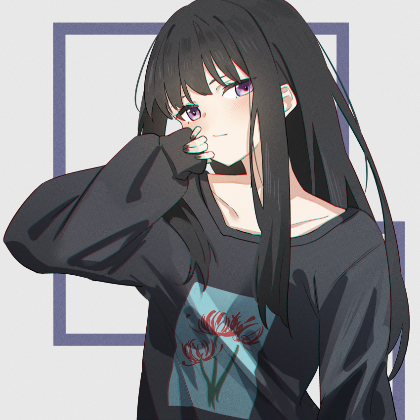 1girl absurdres anime_oekaki13 arm_up black_hair black_nails black_sweater blush chromatic_aberration closed_mouth collarbone commentary floral_print flower highres inoue_takina long_hair long_sleeves looking_at_viewer lycoris_recoil nail_polish sidelocks solo spider_lily sweater upper_body violet_eyes white_background