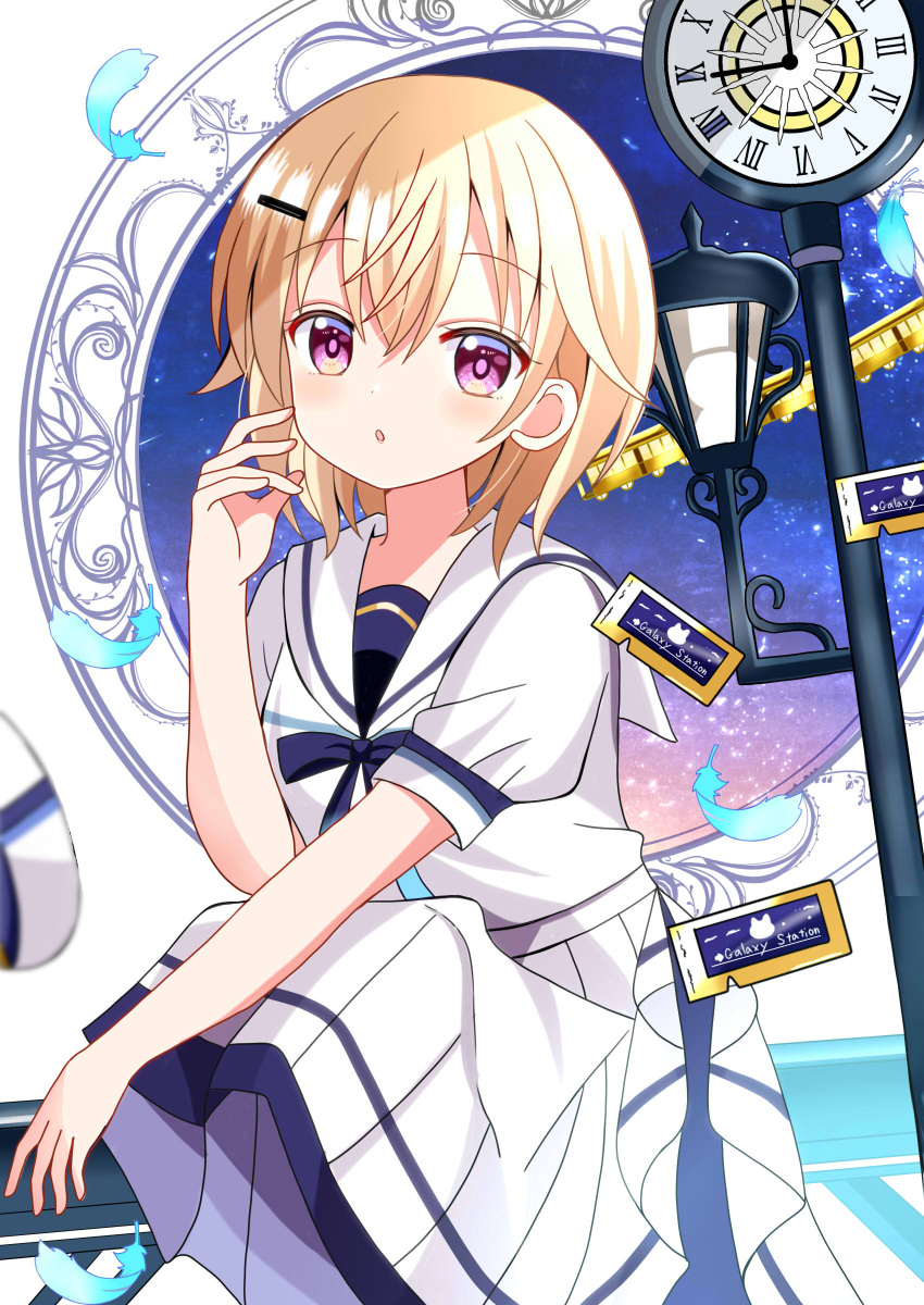 1girl :o absurdres blonde_hair blue_bow blue_feathers bow clock commentary_request feathers gochuumon_wa_usagi_desu_ka? hair_between_eyes hair_ornament hairclip hand_up highres jinja_natsume looking_at_viewer pantyhose parted_lips pleated_skirt puffy_short_sleeves puffy_sleeves purple_pantyhose roman_numeral ryoutan sailor_collar school_uniform serafuku shirt short_sleeves skirt solo squatting ticket train violet_eyes white_sailor_collar white_serafuku white_shirt white_skirt