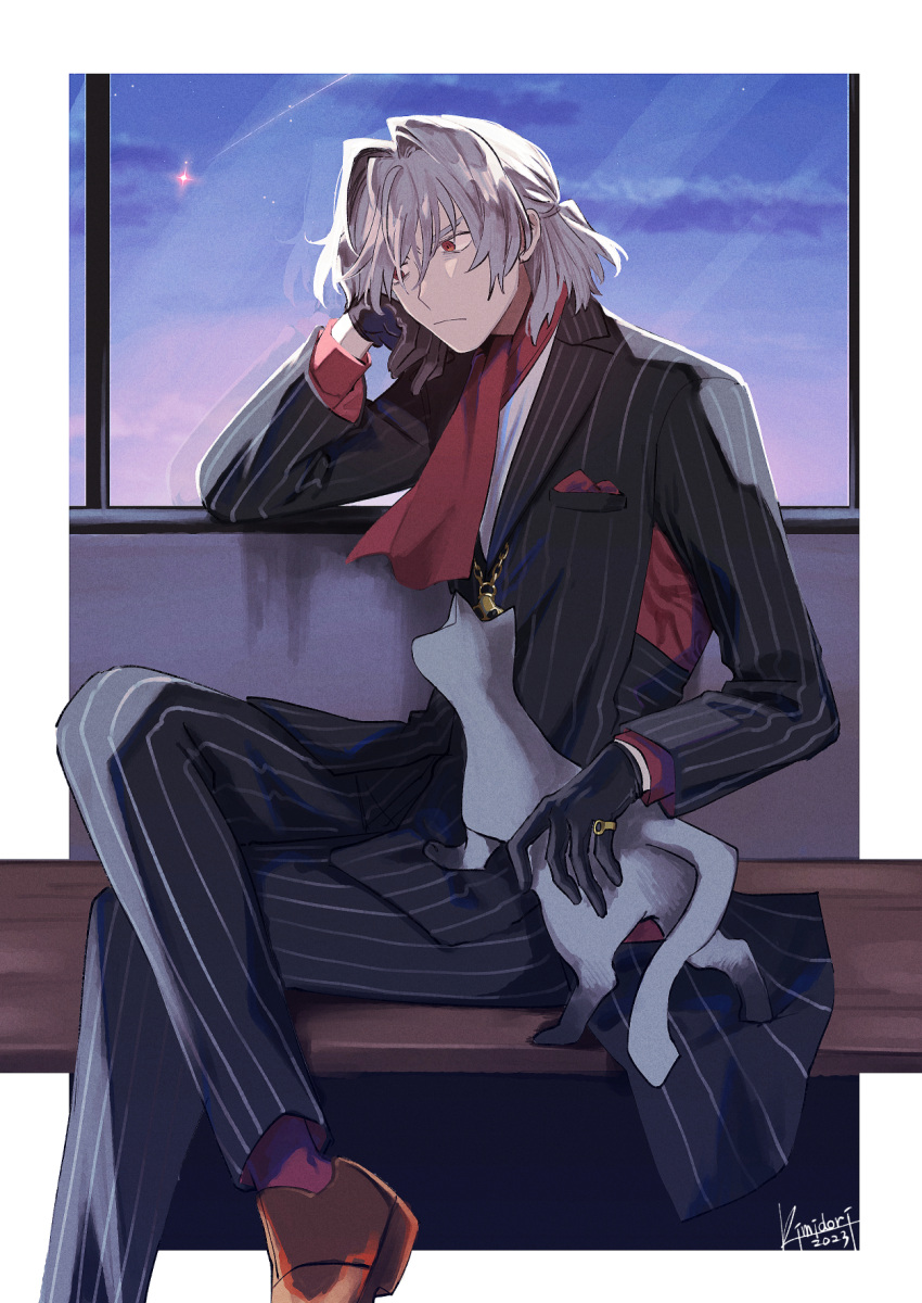 1boy 2023 antonio_salieri_(fate) antonio_salieri_(second_ascension)_(fate) artist_name bags_under_eyes black_gloves cat closed_mouth crossed_legs elbow_rest empty_eyes fate/grand_order fate_(series) feet_out_of_frame film_grain formal gloves grey_hair hair_intakes hand_on_own_cheek hand_on_own_face head_rest highres indoors jewelry kimidorix32 long_sleeves male_focus medium_hair outside_border petting pinstripe_pattern pinstripe_suit red_eyes red_socks ring shooting_star sideways_glance signature sitting socks solo striped suit window