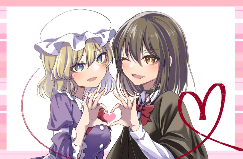 2girls ;d absurdres black_capelet blonde_hair blue_eyes border bow bowtie bright_pupils brown_eyes brown_hair capelet commentary_request hat heart heart_hands highres juliet_sleeves kinese_(katasutorohu) long_sleeves looking_at_viewer maribel_hearn mob_cap multiple_girls one_eye_closed pink_border puffy_sleeves red_bow red_bowtie short_hair smile touhou upper_body usami_renko white_background white_headwear white_pupils