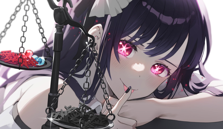 1girl absurdres bare_shoulders black_nails black_ribbon blush close-up detached_sleeves dosei hair_ornament highres hoshino_ai_(oshi_no_ko) licking licking_finger long_hair nail_polish oshi_no_ko pink_eyes purple_hair rabbit_hair_ornament ribbon sidelocks solo sparkle star-shaped_pupils star_(symbol) swept_bangs symbol-shaped_pupils tongue tongue_out weighing_scale