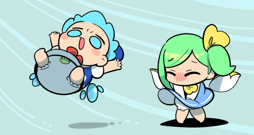 2girls barefoot bloomers blue_bow blue_dress blue_eyes blue_hair blush_stickers bow cirno closed_eyes daiyousei detached_wings dress fairy fairy_wings green_hair hair_bow highres ice ice_wings long_sleeves moyazou_(kitaguni_moyashi_seizoujo) multiple_girls open_mouth shirt short_hair short_sleeves side_ponytail touhou underwear white_bloomers white_shirt wind wings