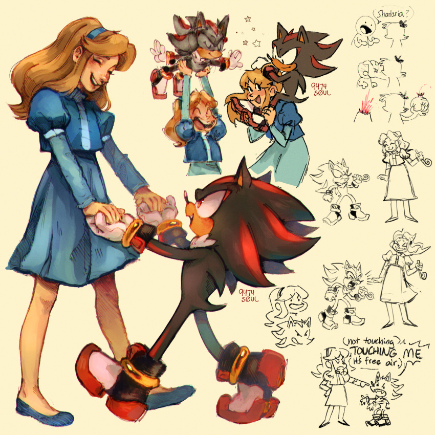 1boy 1girl 9474s0ul animal_ears animal_nose arms_up artist_self-insert blonde_hair blood blue_dress blue_footwear blue_hairband blush carrying closed_eyes closed_mouth commentary decapitation dress english_commentary english_text full_body furry furry_male gloves hairband hand_on_another's_head highres holding_hands long_hair long_sleeves looking_at_another maria_robotnik open_mouth party_horn piggyback puffy_sleeves red_eyes shadow_the_hedgehog shoes simple_background smile sonic_(series) speech_bubble standing tail white_gloves yellow_background