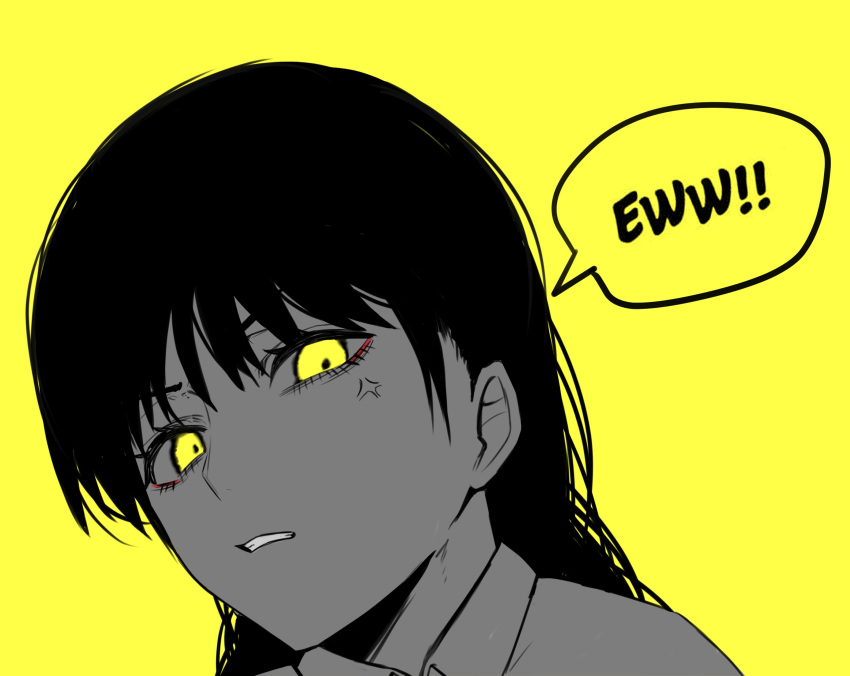 1girl absurdres anger_vein black_hair disgust english_text highres looking_at_viewer masoq095 mitaka_asa simple_background speech_bubble yellow_background yellow_eyes
