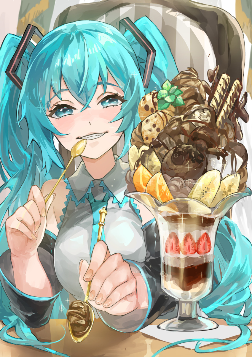 1girl aqua_eyes aqua_hair aqua_necktie banana banana_slice bare_shoulders black_sleeves chair chocolate chocolate_syrup commentary detached_sleeves facing_viewer food fruit glass grey_shirt grin hair_ornament hatsune_miku highres himukai_aoi holding holding_spoon ice_cream incoming_food long_hair mint necktie orange_(fruit) orange_slice parfait pov shirt sitting sleeveless sleeveless_shirt smile solo sparkle spoon strawberry strawberry_slice table twintails upper_body variant_set very_long_hair vocaloid wafer_stick