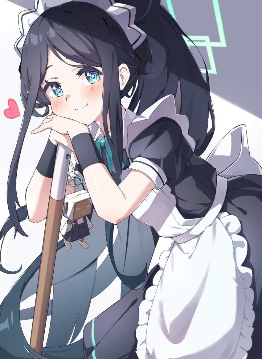 &lt;key&gt;_(robot)_(blue_archive) 1girl apron aris_(blue_archive) aris_(maid)_(blue_archive) band_(skymole01) black_hair blue_archive blue_eyes blush broom closed_mouth halo heart highres holding holding_broom long_hair looking_at_viewer maid maid_apron maid_headdress official_alternate_costume ponytail short_sleeves sidelocks smile very_long_hair