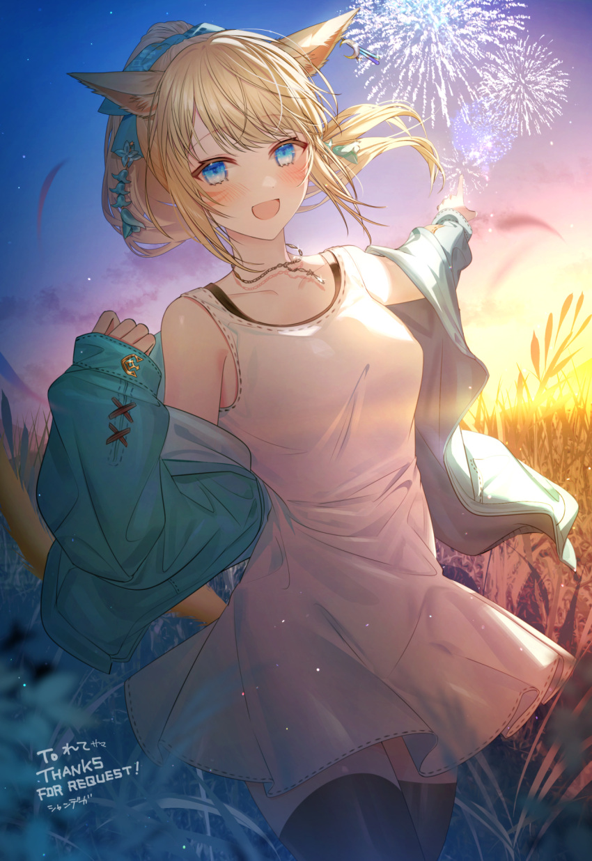 1girl animal_ears artist_name black_thighhighs blonde_hair blue_eyes cat_ears collarbone commentary_request commission cowboy_shot dress english_text final_fantasy final_fantasy_xiv fireworks green_jacket hair_ribbon highres jacket jewelry long_sleeves looking_at_viewer miqo'te necklace off_shoulder open_mouth outdoors pointing ponytail ribbon skeb_commission sleeveless sleeveless_dress sleeves_past_wrists solo standing sundress sunset syandega thigh-highs warrior_of_light_(ff14) wheat wheat_field white_dress