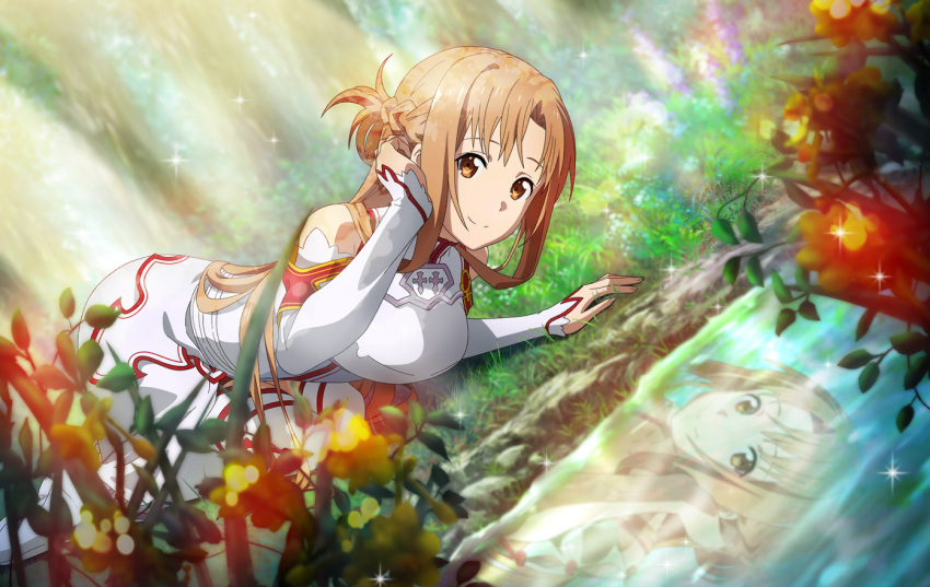 1girl adjusting_hair armor asuna_(sao) blurry blurry_foreground breastplate brown_eyes brown_hair closed_mouth day detached_sleeves dress dutch_angle flower forest long_hair long_sleeves lying nature on_side orange_flower outdoors sleeveless sleeveless_dress smile solo sparkle sunlight sword_art_online thigh-highs white_armor white_dress white_sleeves white_thighhighs
