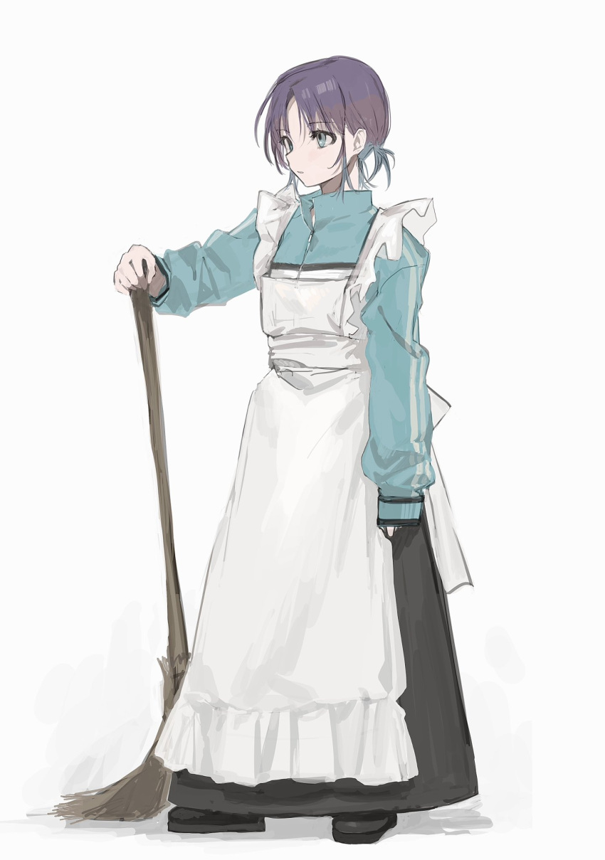 1girl alternate_costume apron aqua_eyes asakura_toru blue_hair dress enmaided full_body gradient_hair highres idolmaster idolmaster_shiny_colors maid maid_apron multicolored_hair nashiamengo purple_hair short_hair sleeveless sleeveless_dress solo standing track_suit white_apron