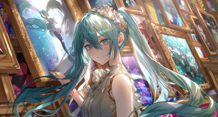 1girl annotation_request asano_(kazusasn) blue_eyes blue_hair blue_nails closed_mouth commentary floating_hair from_side grey_shirt hair_between_eyes hair_ornament hatsune_miku highres indoors koi_wa_sensou_(vocaloid) long_hair looking_at_viewer melt_(vocaloid) nail_polish painting_(object) picture_frame shirt sleeveless sleeveless_shirt smile solo song_request songover twintails upper_body ura-omote_lovers_(vocaloid) very_long_hair vocaloid world_is_mine_(vocaloid)