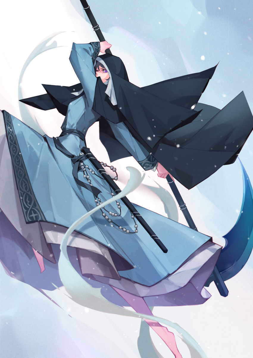 1girl barefoot cloak closed_mouth dark_souls_(series) dark_souls_iii dress from_side full_body habit highres holding holding_scythe holding_weapon hood jiro_(ninetysix) long_hair long_sleeves looking_at_viewer multicolored_background nun scythe sheath sister_friede snow solo weapon
