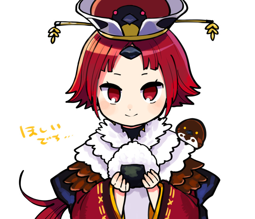 1girl animal_on_head animal_on_shoulder benienma_(fate) bird bird_on_head bird_on_shoulder fate/grand_order fate_(series) feather_trim food holding holding_food kinakotatu light_blush long_hair on_head onigiri ponytail red_eyes redhead rice simple_background smile sparrow translation_request white_background wide_sleeves