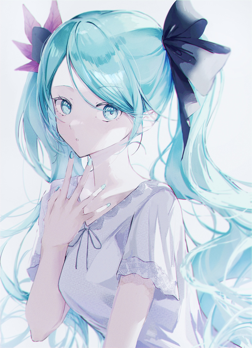 1girl absurdres black_bow blue_eyes blue_hair blue_nails bow commentary floating_hair hair_bow hatsune_miku highres long_hair looking_at_viewer nail_polish neck_ribbon parted_bangs parted_lips ribbon saksak_mocchiri shirt short_sleeves solo supreme_(module) twintails upper_body vocaloid white_background white_shirt world_is_mine_(vocaloid)