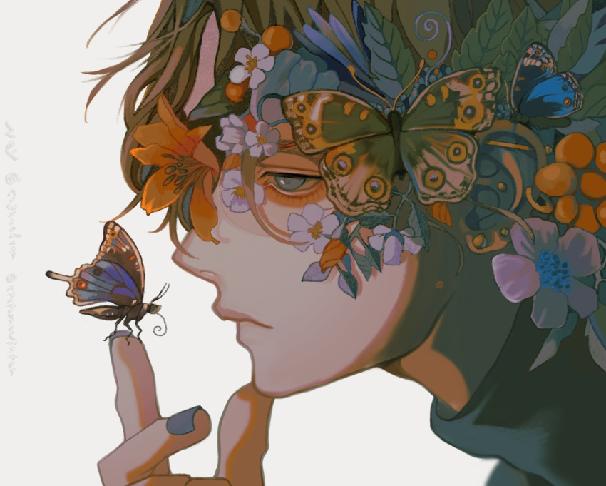 1boy blue_butterfly blue_eyes blue_nails brown_hair bug butterfly butterfly_on_hand closed_mouth cognacbear expressionless flower highres leaf male_focus nail_polish original short_hair simple_background solo twitter_username white_background