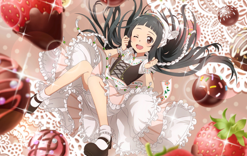 1girl ;d black_eyes black_footwear black_hair blush brown_eyes child female_child floating_hair food frilled_skirt frills fruit long_hair looking_at_viewer one_eye_closed open_mouth shorts shorts_under_skirt skirt smile socks solo sparkle strawberry striped striped_skirt sword_art_online vertical-striped_skirt vertical_stripes very_long_hair white_headwear white_shorts white_socks wrist_cuffs yui_(sao)