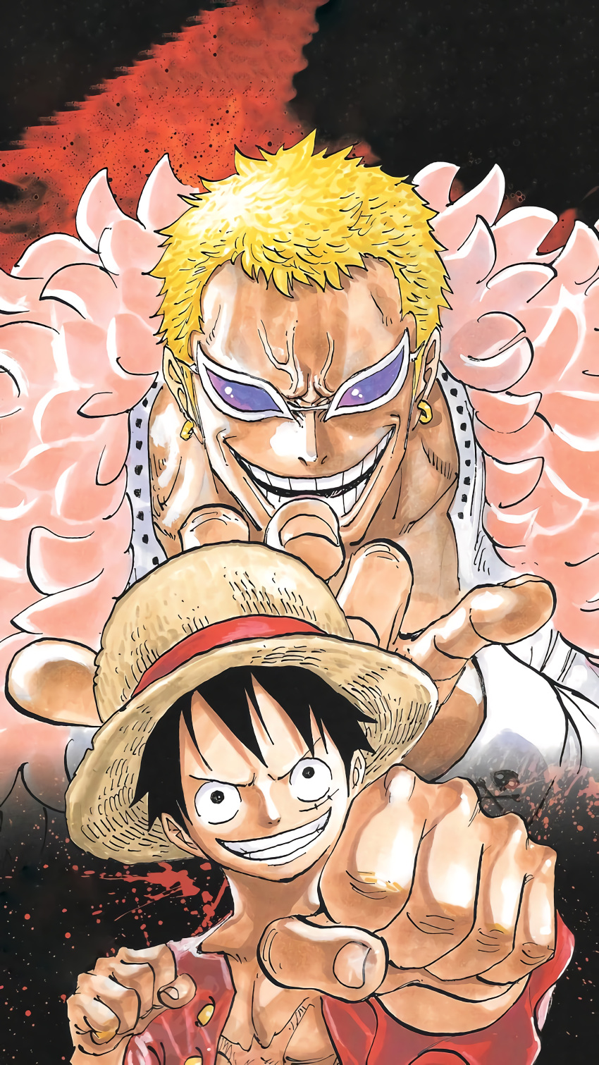 2boys absurdres age_difference blonde_hair clenched_hand clenched_hands donquixote_doflamingo evil_grin evil_smile feather_trim grin hat highres jacket monkey_d._luffy multiple_boys muscular official_art one_piece open_clothes open_jacket open_mouth open_shirt open_vest pectorals scan scar scar_on_chest short_hair size_difference smile straw_hat sunglasses teeth topless_male veins vest zoom_layer