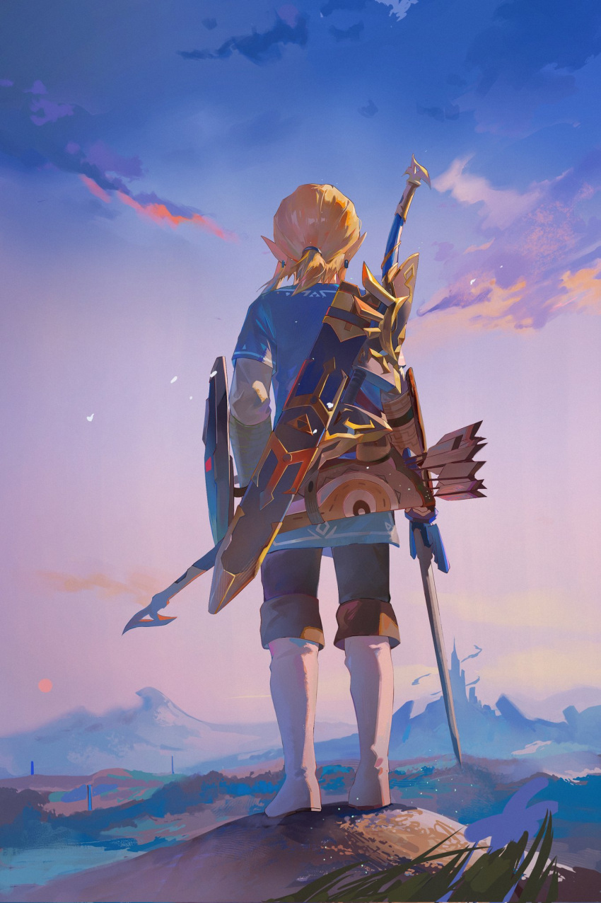 1boy arrow_(projectile) blonde_hair blue_shirt boots bow_(weapon) brown_pants castle day from_behind highres holding holding_shield holding_sword holding_weapon layered_sleeves link long_sleeves male_focus outdoors pants ponytail quiver shield shirt short_over_long_sleeves short_sleeves solo standing sword the_legend_of_zelda the_legend_of_zelda:_breath_of_the_wild weapon white_footwear zzz_zhi_he