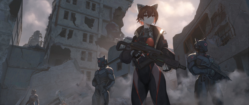 1girl 3boys absurdres animal_ears black_bodysuit black_gloves black_jacket bodysuit building cat_ears chinese_commentary closed_mouth cola-alter commentary covered_face dust_cloud ear_piercing fake_animal_ears fingerless_gloves gloves gun hair_between_eyes highres holding holding_gun holding_weapon jacket long_sleeves looking_afar multiple_boys open_clothes open_jacket original outdoors piercing red_eyes redhead ruins weapon