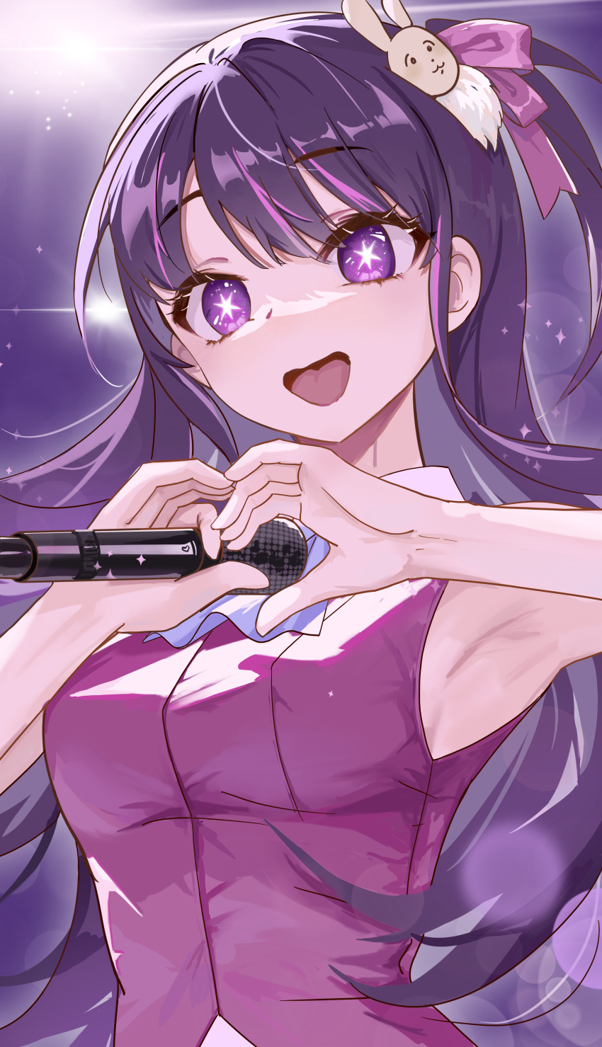 1girl absurdres armpits ascot blue_ascot breasts cheng_songsongsong chinese_commentary collared_dress commentary_request dress hair_ornament heart heart_hands highres holding holding_microphone hoshino_ai_(oshi_no_ko) idol long_hair microphone one_side_up open_mouth oshi_no_ko pink_dress pink_ribbon purple_hair rabbit_hair_ornament ribbon sidelocks solo sparkle star-shaped_pupils star_(symbol) swept_bangs symbol-shaped_pupils violet_eyes