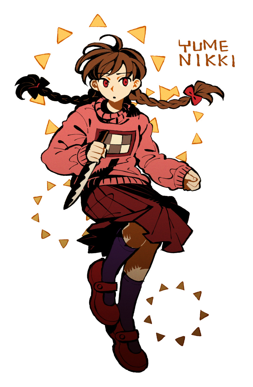 1girl 9twoeight :o braid full_body highres kitchen_knife knife looking_at_viewer madotsuki open_mouth pink_shirt pink_sweater red_eyes red_footwear red_ribbon red_skirt ribbon shadow shirt simple_background skirt sweater twin_braids unusually_open_eyes yume_nikki