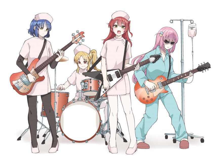4girls black_thighhighs blonde_hair blue_eyes blue_hair blue_pajamas blue_shirt blush bocchi_the_rock! closed_mouth commentary_request cube_hair_ornament dress drum_(container) full_body gotou_hitori green_eyes guitar hair_between_eyes hair_ornament hat high_heels highres ijichi_nijika instrument kita_ikuyo long_hair long_sleeves multiple_girls nurse nurse_cap one_side_up open_mouth pajamas pink_dress pink_footwear pink_hair pink_headwear red_eyes red_footwear redhead sandals shirt short_hair side_ponytail sidelocks simple_background smile spitz_(band) standing sunglasses thigh-highs tokufumi white_background white_thighhighs yamada_ryou yellow_eyes