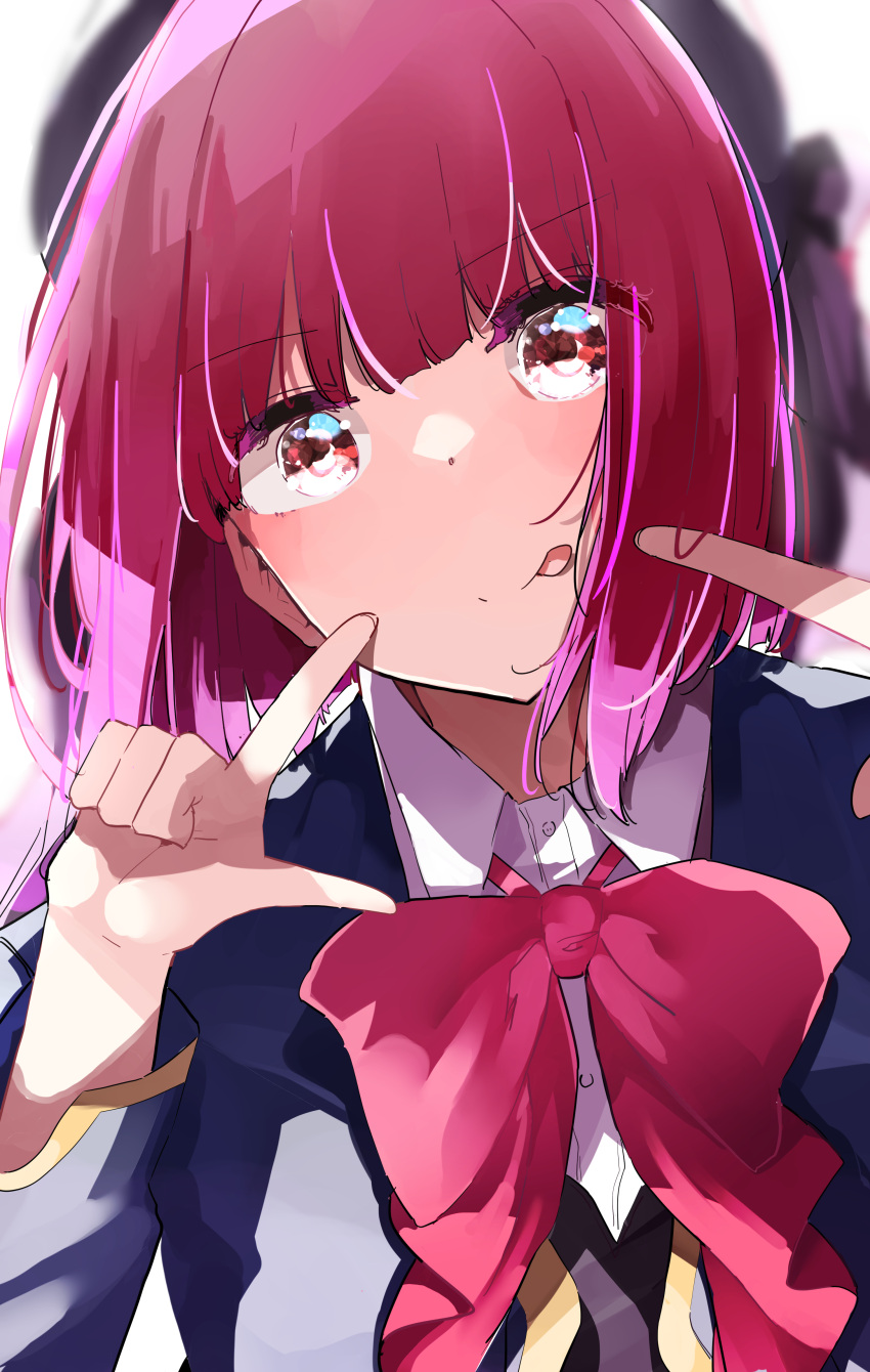 1girl absurdres arima_kana beret black_ribbon black_vest blue_headwear blue_jacket blunt_bangs blurry blurry_background blush bow closed_mouth collared_shirt commentary_request hat highres jacket long_sleeves nyoijizai oshi_no_ko pink_bow pink_ribbon pointing pointing_at_self red_eyes redhead ribbon school_uniform shirt short_hair solo tongue tongue_out vest white_shirt youtou_high_school_uniform