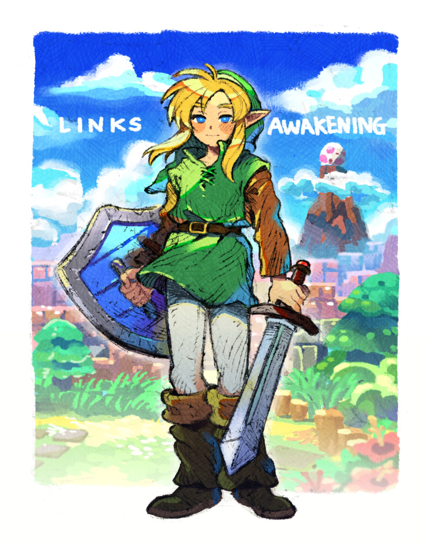 1boy 9twoeight blonde_hair blue_eyes blush boots brown_footwear closed_mouth copyright_name day full_body highres holding holding_shield holding_sword holding_weapon knee_boots link looking_at_viewer outdoors pointy_ears shield short_hair smile solo sword the_legend_of_zelda the_legend_of_zelda:_link's_awakening weapon