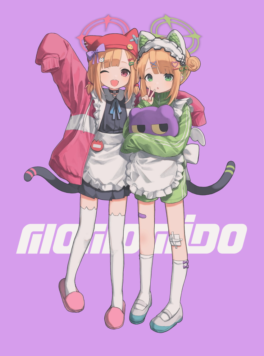 2girls :o absurdres animal_ears apron arm_up bandaid bandaid_on_leg black_choker black_shirt black_skirt blonde_hair blue_archive blue_bow blue_bowtie bow bowtie cat_ears cat_hair_ornament cat_tail choker commentary dot_nose double_bun drawstring ear_piercing fake_animal_ears full_body green_eyes green_jacket green_shorts hair_bun hair_ornament hairclip halo hand_up heart heart_hair_ornament highres holding_cushion jacket long_sleeves looking_at_viewer maid_apron maid_headdress midori_(blue_archive) momoi_(blue_archive) multiple_girls one_eye_closed open_clothes open_jacket open_mouth piercing pink_eyes pink_footwear pleated_skirt purple_background red_headwear shirt shoes short_hair short_twintails shorts siblings sidelocks skirt sleeves_past_fingers sleeves_past_wrists slippers smile socks standing sztxra tail thigh-highs track_jacket twins twintails uwabaki v white_apron white_footwear white_socks white_thighhighs