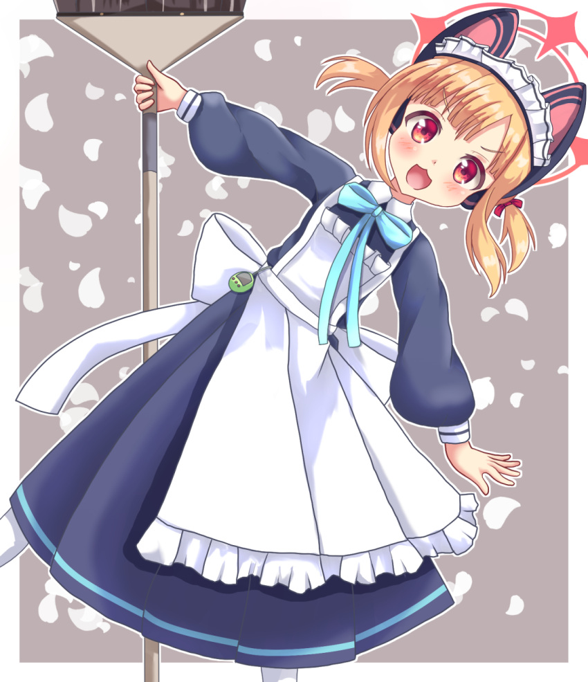 1girl :d animal_ear_headphones animal_ears apron blonde_hair blue_archive blue_bow blue_dress blush bow broom collared_dress commentary_request dress fake_animal_ears frilled_apron frills grey_background hair_bow halo headphones highres holding holding_broom leaning_to_the_side long_sleeves looking_at_viewer maid maid_apron maid_headdress momoi_(blue_archive) momoi_(maid)_(blue_archive) official_alternate_costume pantyhose pleated_dress puffy_long_sleeves puffy_sleeves red_bow red_eyes short_twintails sills smile solo standing standing_on_one_leg tamagotchi twintails two-tone_background v-shaped_eyebrows white_apron white_background white_pantyhose