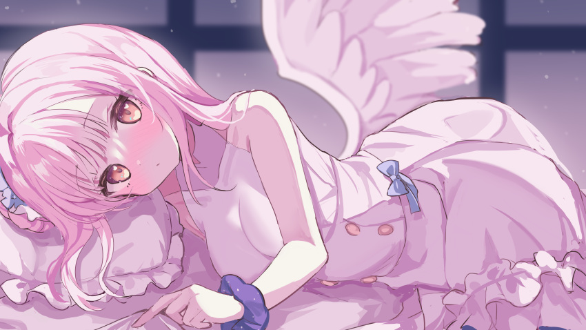 1girl absurdres angel_wings bare_arms blue_archive blue_ribbon dress halo highres karunabaru looking_at_viewer mika_(blue_archive) pink_hair ribbon solo white_dress white_wings wings yellow_eyes