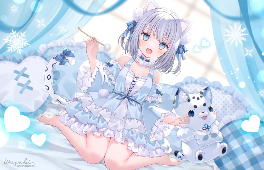 1girl :d animal_ears bare_shoulders barefoot blue_dress commentary detached_sleeves dress fangs frilled_dress frilled_sleeves frills grey_hair kohaku_nene la_peche_party layered_dress leopard_ears leopard_girl leopard_tail mimikaki open_mouth pillow short_hair sitting smile stuffed_animal stuffed_leopard stuffed_toy symbol-only_commentary tail virtual_youtuber wariza wasabi_(sekai)