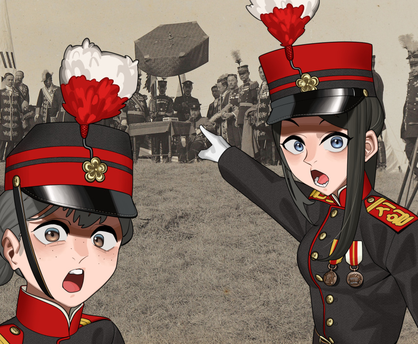 2girls 6+boys black_eyes black_hair black_headwear black_jacket brown_hair freckles gloves hat highres jacket long_hair looking_at_viewer medallion meme military military_hat military_uniform multiple_boys multiple_girls open_mouth original outdoors peaked_cap photo_background pzkpfwi sidelocks two_soyjaks_pointing_(meme) uniform white_gloves