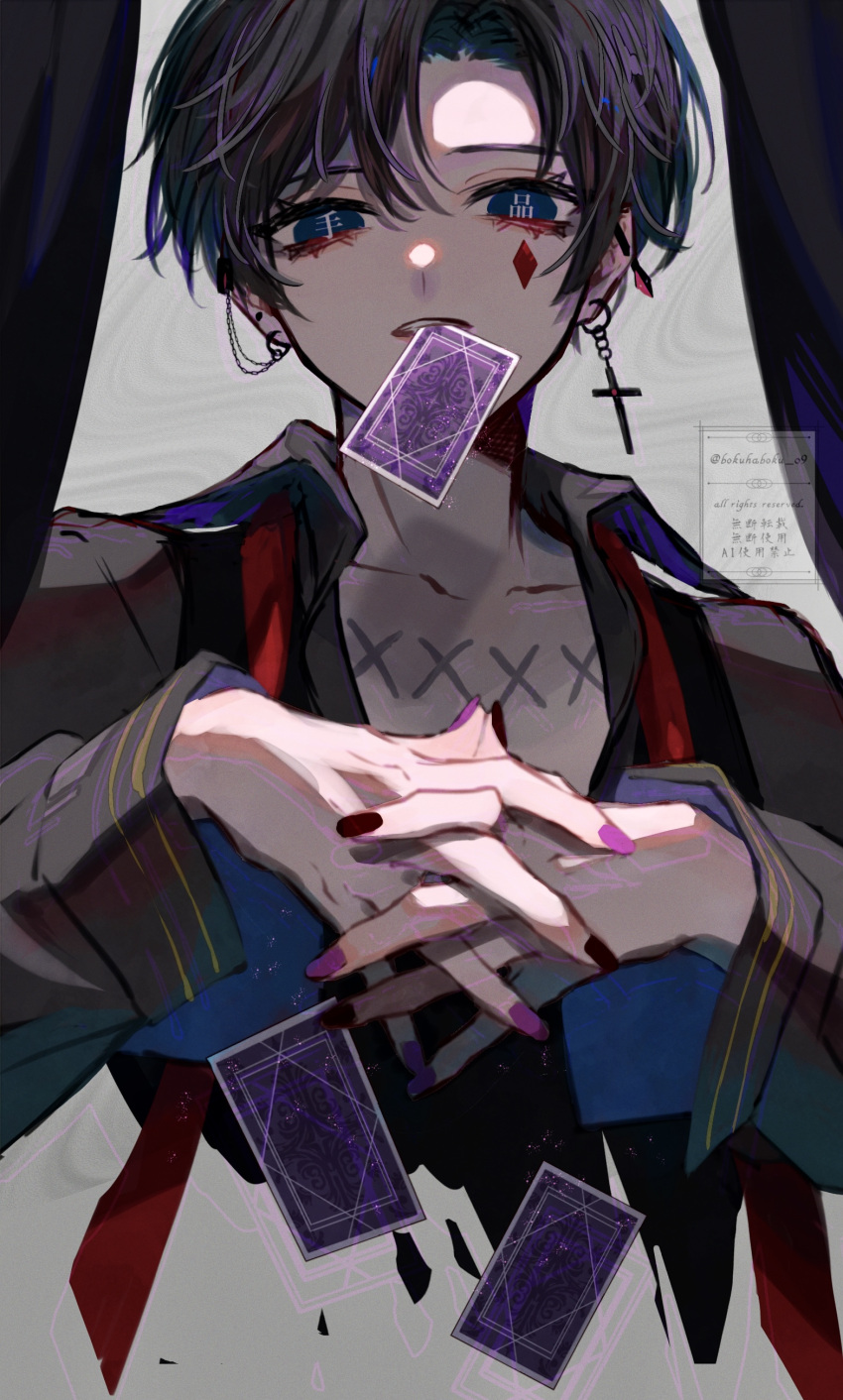 1boy absurdres black_hair blue_eyes bokuhaboku brown_hair card chest_tattoo cross cross_earrings curtains diamond_on_cheek ear_piercing earrings facial_mark grey_background highres jewelry male_focus multicolored_eyes original piercing pink_nails playing_card red_nails short_hair solo tattoo teeth