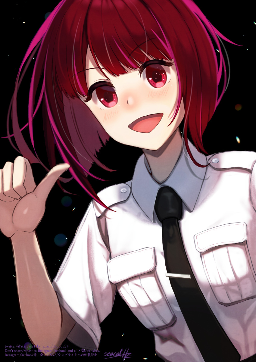 1girl absurdres arima_kana black_background black_necktie blunt_bangs blush collared_shirt commentary_request highres light_particles necktie open_mouth oshi_no_ko pilot_uniform pointing pointing_at_self red_eyes redhead seacat_hz shirt short_hair short_sleeves signature thumbs_up twitter_username uniform watermark