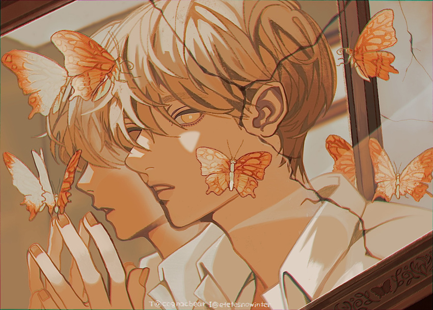 1boy blonde_hair broken_mirror bug butterfly butterfly_on_hand cognacbear collared_shirt crack hand_on_mirror highres interior male_focus mirror open_mouth orange_butterfly original parted_lips portrait shirt solo white_shirt yellow_eyes