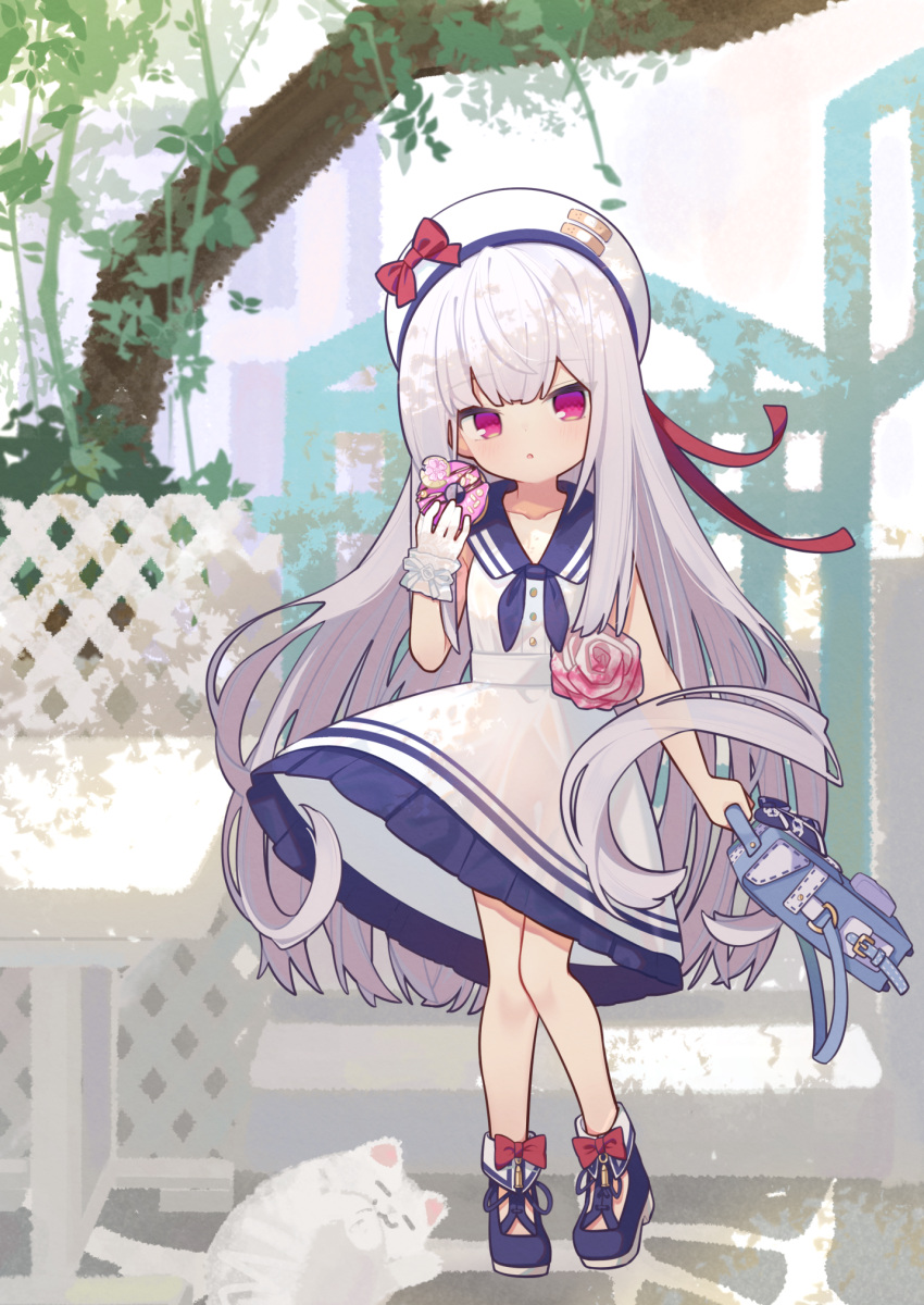 1girl :o bag beret bow cp2980606 doughnut dress food full_body gloves hat hat_bow highres holding holding_bag long_hair looking_at_viewer original red_eyes sailor_collar sailor_dress single_glove sleeveless sleeveless_dress solo standing very_long_hair white_dress white_gloves white_hair