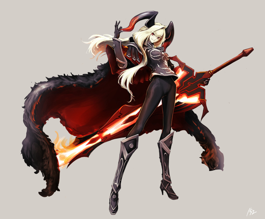 152_in_can 1girl absurdres armor blonde_hair boots cape dragon_horns fate/grand_order fate_(series) flaming_sword flaming_weapon fur-trimmed_cape fur_trim grey_background high_heel_boots high_heels highres holding holding_sword holding_weapon horns long_hair nero_claudius_(fate) queen_draco_(fate) queen_draco_(third_ascension)_(fate) red_eyes smile sword weapon