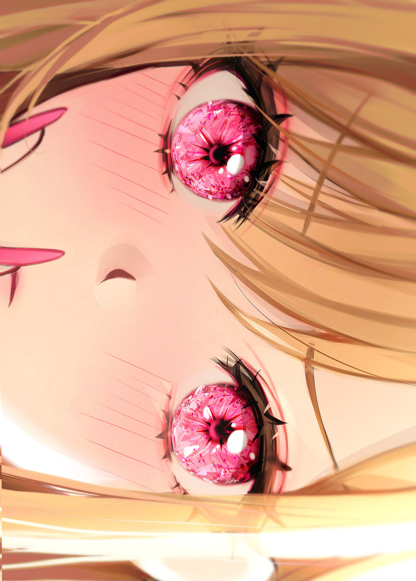 1girl 58_(opal_00_58) absurdres blonde_hair blush closed_mouth eye_focus eyelashes fingernails hair_between_eyes highres houshou_marine long_fingernails long_hair looking_at_viewer nail_polish pink_eyes pink_nails solo sono_bisque_doll_wa_koi_wo_suru