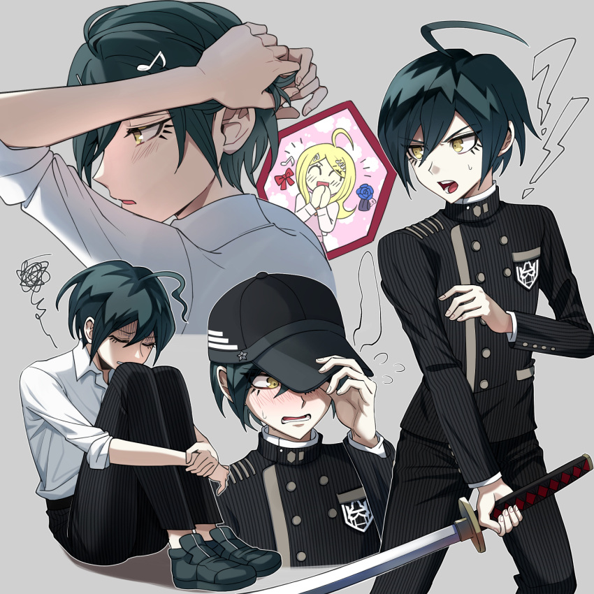 ! 1boy 1girl adjusting_clothes adjusting_hair adjusting_headwear ahoge akamatsu_kaede bad_id bad_twitter_id black_hair black_headwear blonde_hair blue_flower blue_rose blush bow brown_eyes buttons commentary_request cropped_shoulders danganronpa_(series) danganronpa_v3:_killing_harmony double-breasted feet_out_of_frame flower grey_background hair_between_eyes hair_ornament hairclip haji_(hajimaji) hand_up hands_up hat highres holding hugging_own_legs jacket katana korean_commentary long_sleeves lower_teeth_only male_focus multiple_views musical_note musical_note_hair_ornament open_mouth pants red_bow rose saihara_shuichi shirt short_hair simple_background striped striped_jacket striped_pants sword teeth tying_hair weapon white_shirt