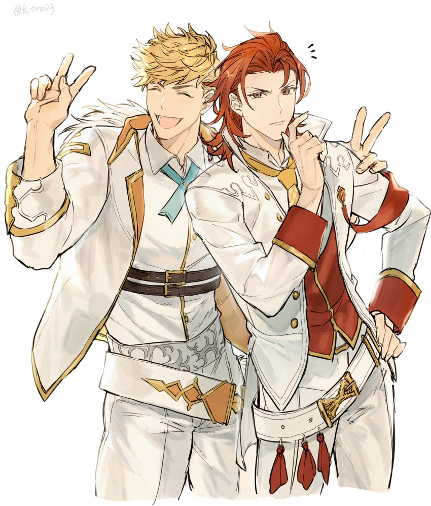 2boys blonde_hair closed_eyes closed_mouth collared_shirt granblue_fantasy highres idol jacket male_focus medium_hair multiple_boys official_alternate_costume open_clothes open_jacket open_mouth pants percival_(granblue_fantasy) red_eyes red_vest redhead shirt short_hair simple_background smile tomo_(tomorag7) vane_(granblue_fantasy) vest white_background white_jacket white_pants white_shirt