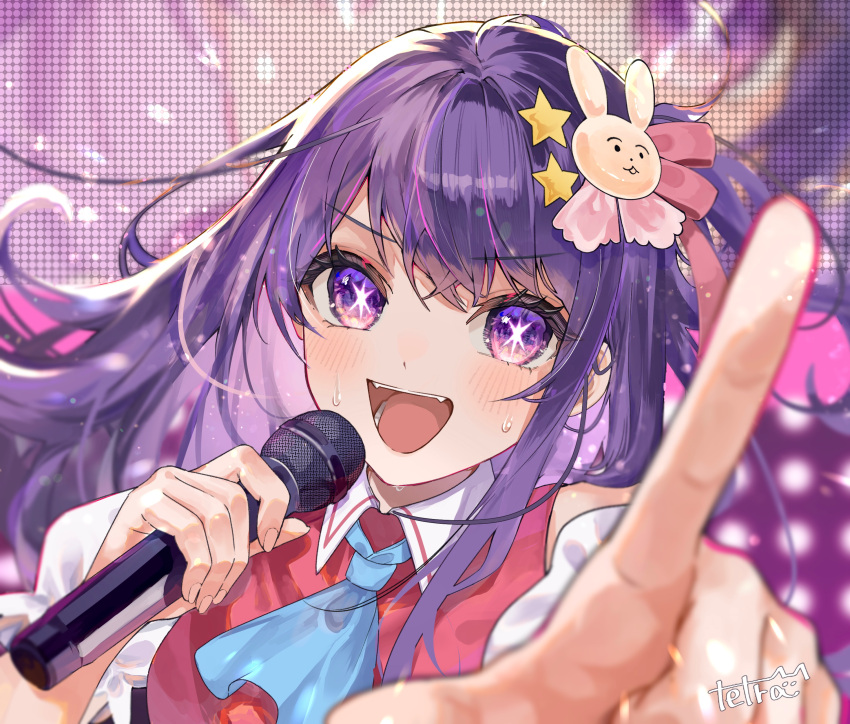 1girl absurdres ascot bare_shoulders blue_ascot blurry blush collared_dress commentary depth_of_field detached_sleeves dress hair_ornament highres holding holding_microphone hoshino_ai_(oshi_no_ko) idol lens_flare long_hair microphone music one_side_up open_mouth oshi_no_ko pink_dress pink_ribbon pointing pointing_at_viewer purple_hair rabbit_hair_ornament ribbon sidelocks signature singing solo star-shaped_pupils star_(symbol) star_hair_ornament sweat symbol-shaped_pupils teeth tetra_mmm violet_eyes