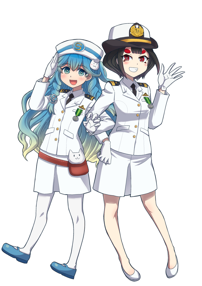 2girls absurdres anchor_hair_ornament black_hair blue_eyes blue_footwear blue_hair blush braid cat_hair_ornament character_request collared_shirt commentary_request epaulettes full_body gloves gradient_hair hair_ornament hat high_heels highres jacket japan_self-defense_force locked_arms long_hair medal military military_hat military_uniform multicolored_hair multiple_girls necktie no_socks nogami_takeshi open_mouth original pantyhose pumps red_eyes shirt shizuoka_prefecture short_hair side_braids skirt smile suruga_aoi transparent_background two-tone_hair uniform white_footwear white_gloves white_hair white_jacket white_pantyhose white_skirt