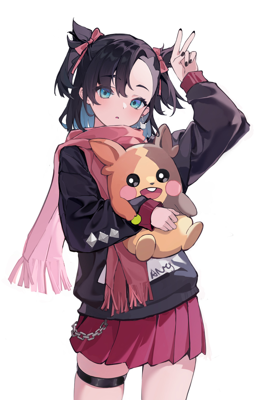 1girl absurdres alternate_costume arm_up asymmetrical_bangs black_hair black_jacket black_nails blue_eyes blush_stickers bow bright_pupils chain colored_inner_hair colored_skin commentary_request cowboy_shot earrings hair_bow highres holding holding_pokemon jacket jewelry maochibuqihuyu marnie_(pokemon) morpeko morpeko_(full) multicolored_hair multicolored_skin nail_polish open_mouth parted_lips pink_bow pink_scarf pink_skirt pleated_skirt pokemon pokemon_(creature) pokemon_(game) pokemon_swsh scarf short_hair simple_background single_earring skirt sleeve_cuffs teeth thigh_strap twintails two_side_up upper_teeth_only v white_background