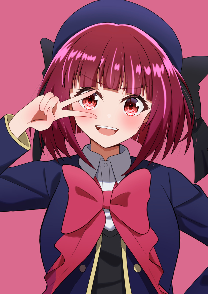1girl absurdres arima_kana beret black_bow black_ribbon black_vest blue_headwear blue_jacket blunt_bangs blush bow buttons collared_shirt commentary hat hat_bow highres jacket long_sleeves open_mouth oshi_no_ko pink_background pink_bow pink_ribbon red_eyes redhead ribbon school_uniform shirt simple_background smile solo teeth user_yja4775 v_over_eye vest white_shirt youtou_high_school_uniform